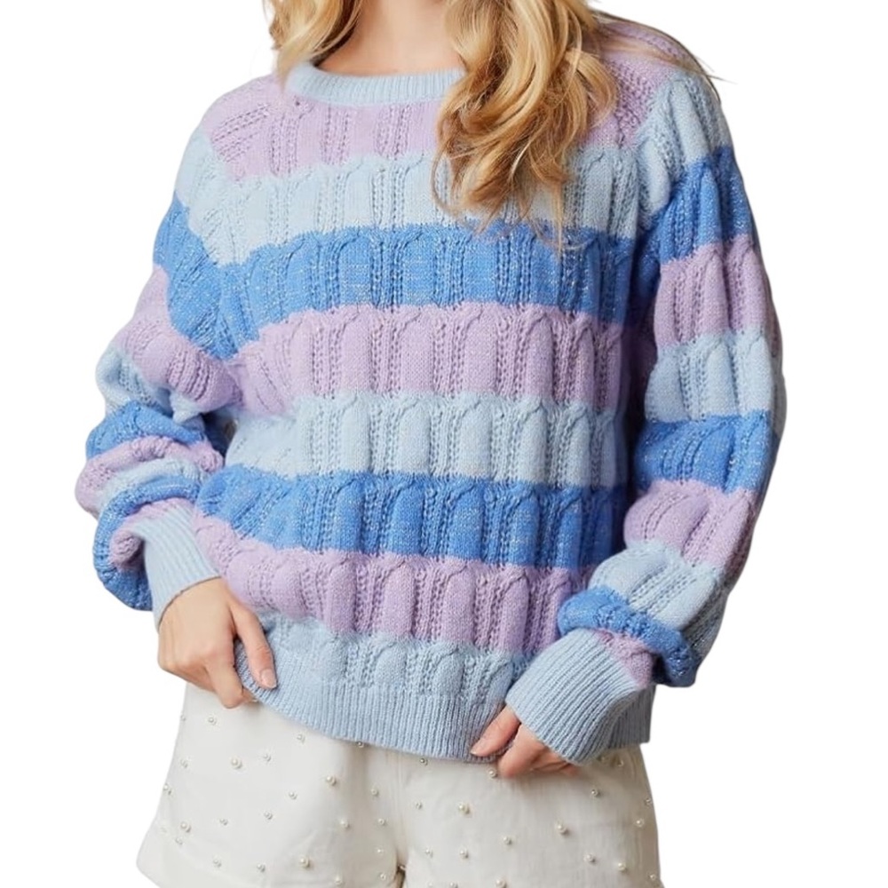 Peach Love Striped Oversized Chunky Knit Pullover Sweater Blues Purple Sz M VGC